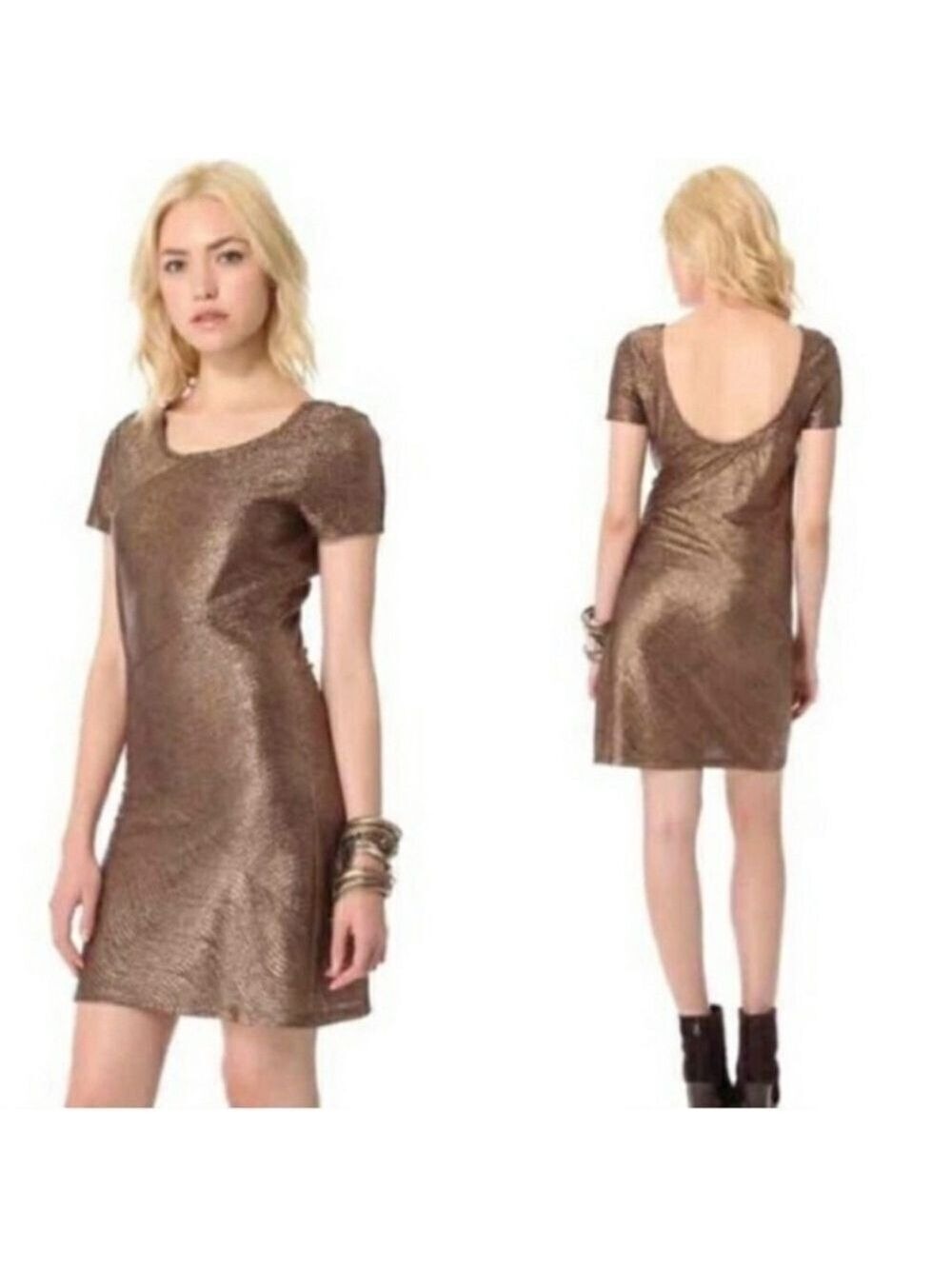 Free People Moonage Daydream Mini Dress Bronze Metallic Shimmer Tunic Sz Medium